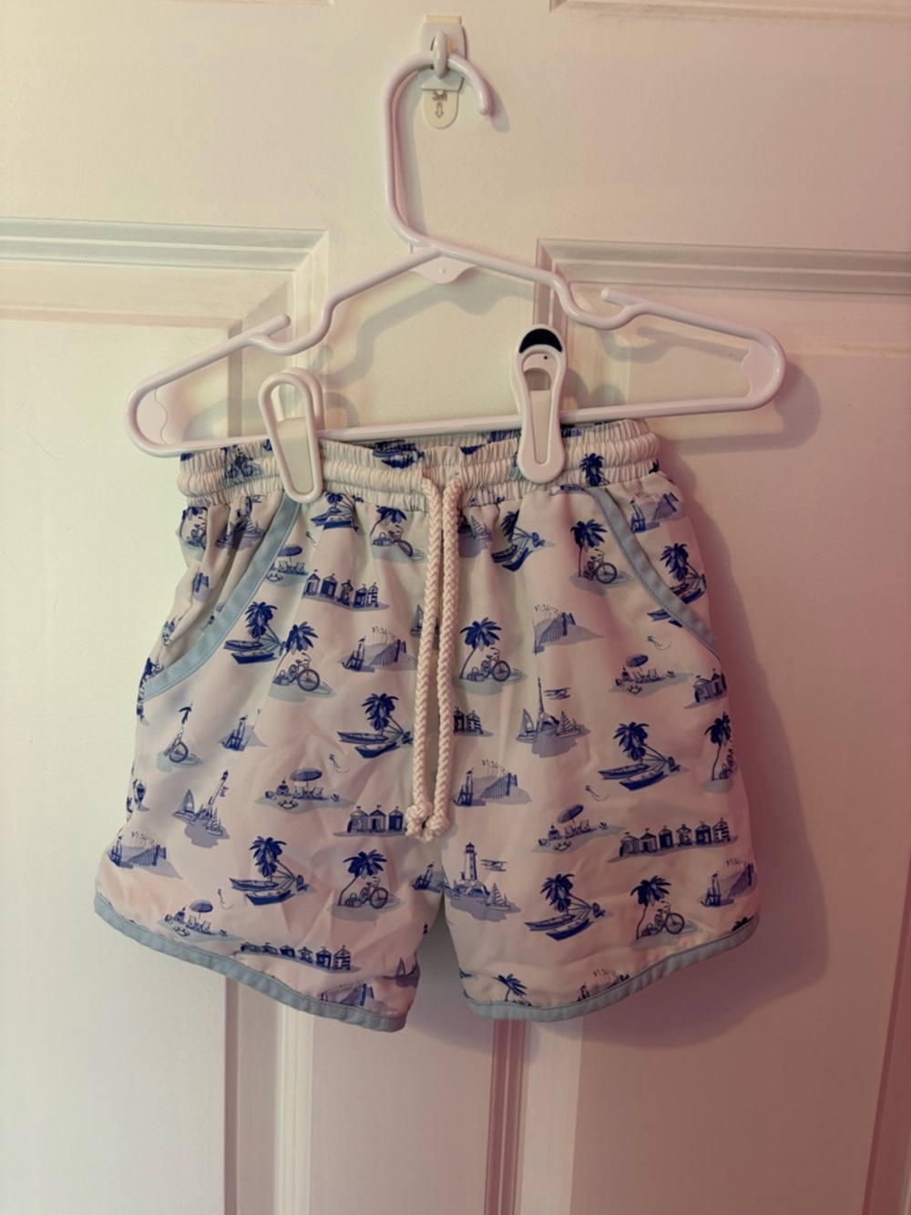 Boys White and Blue Island Print Swim Shorts